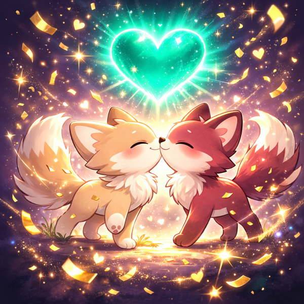 Lumi und Foxo feiern ein Match mit Konfetti